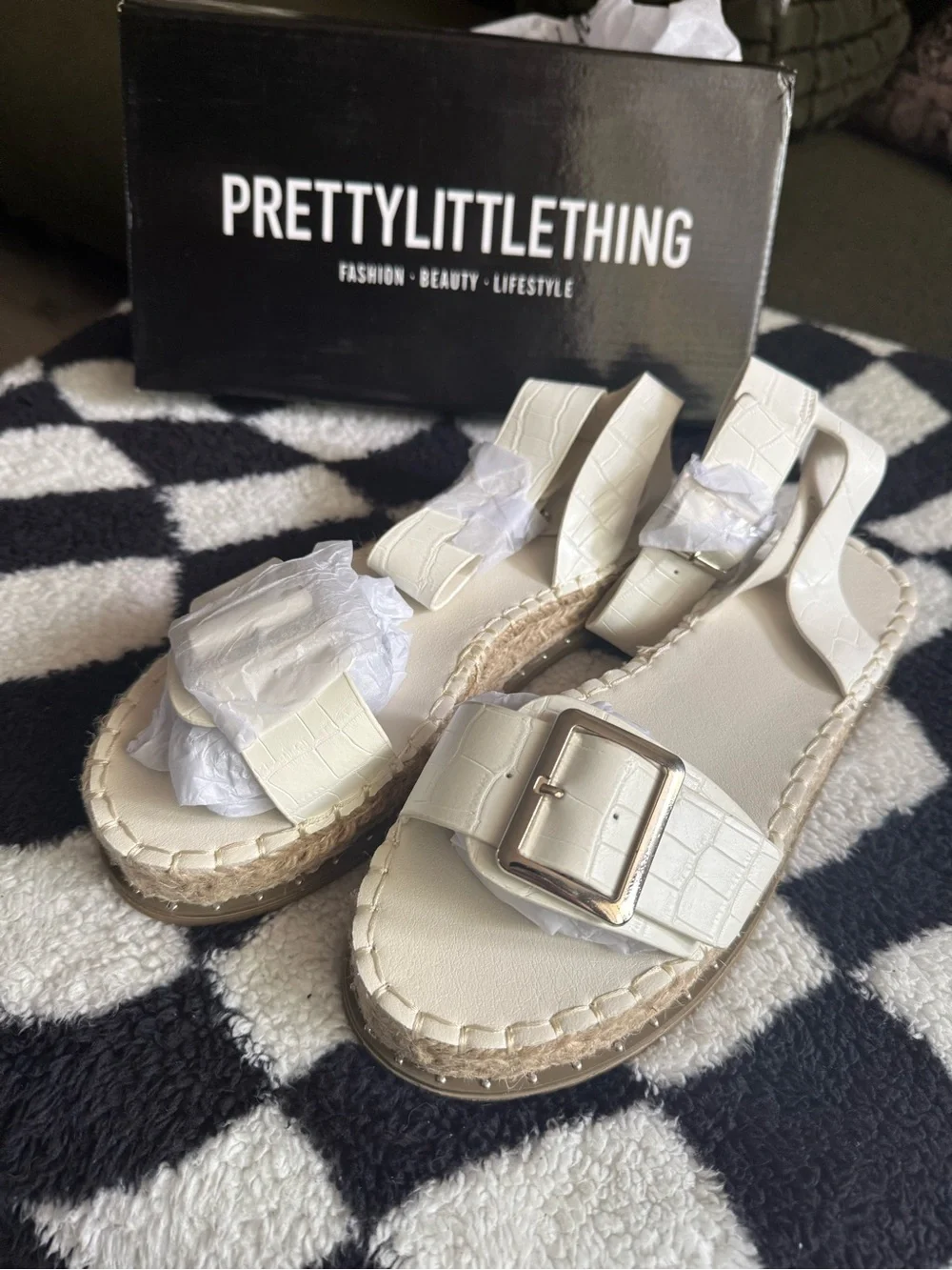 PrettyLittleThing Cream Croc-Embossed Buckle Espadrille Sandals